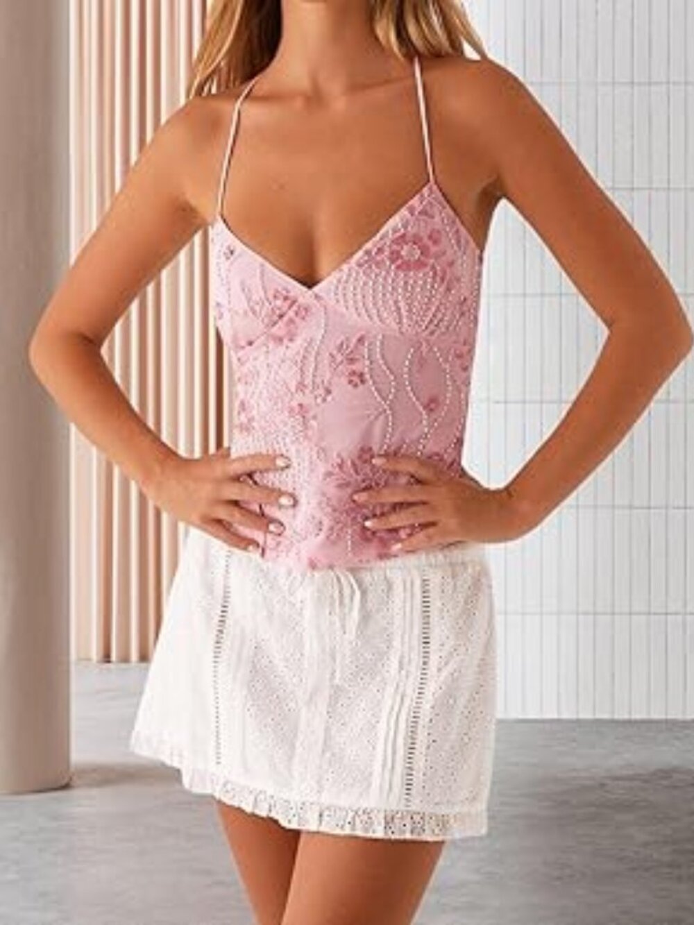 Women Sequin Sparkle Camisole Tank V Neck Y2k Summer Straps Backless Flower top